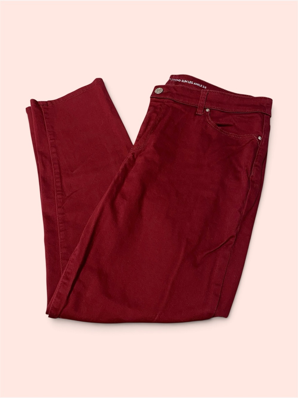 Chico’s Perfect Stretch Girlfriend Slim Leg Ankle Jeans in Deep Red, Size 14